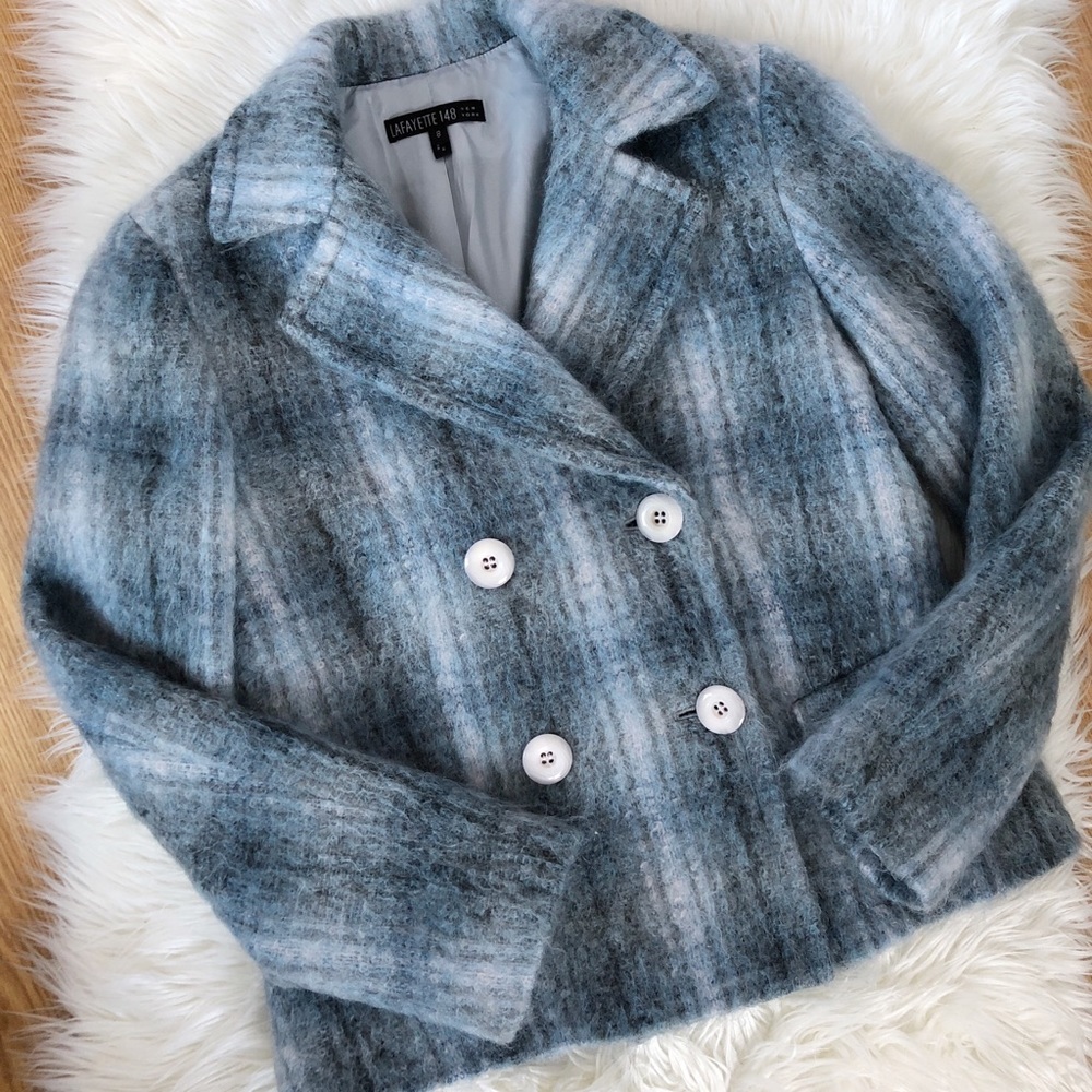 💙🎁💙 LAFAYETTE 148 Blue Mohair Plaid Peacoat Jacket 💙🎁💙